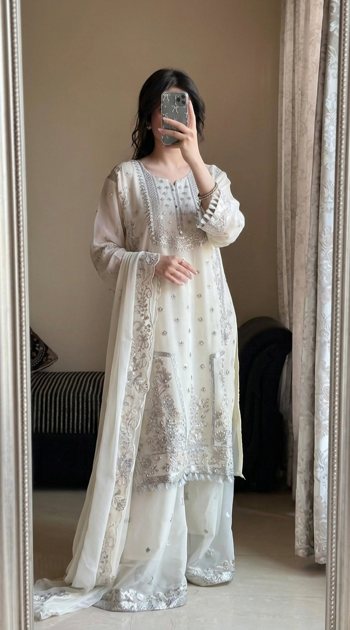 Ivory Luxe Hand-Embroidered Pakistani Suit Set with Embellished Dupatta