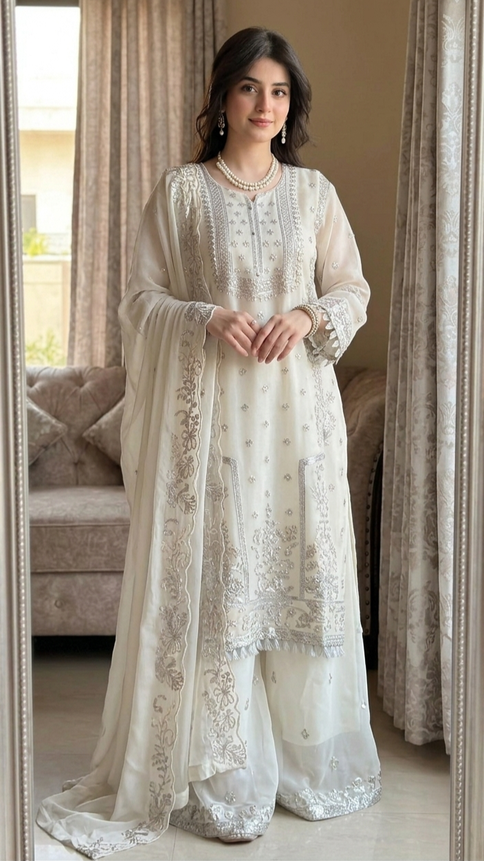 Ivory Luxe Hand-Embroidered Pakistani Suit Set with Embellished Dupatta