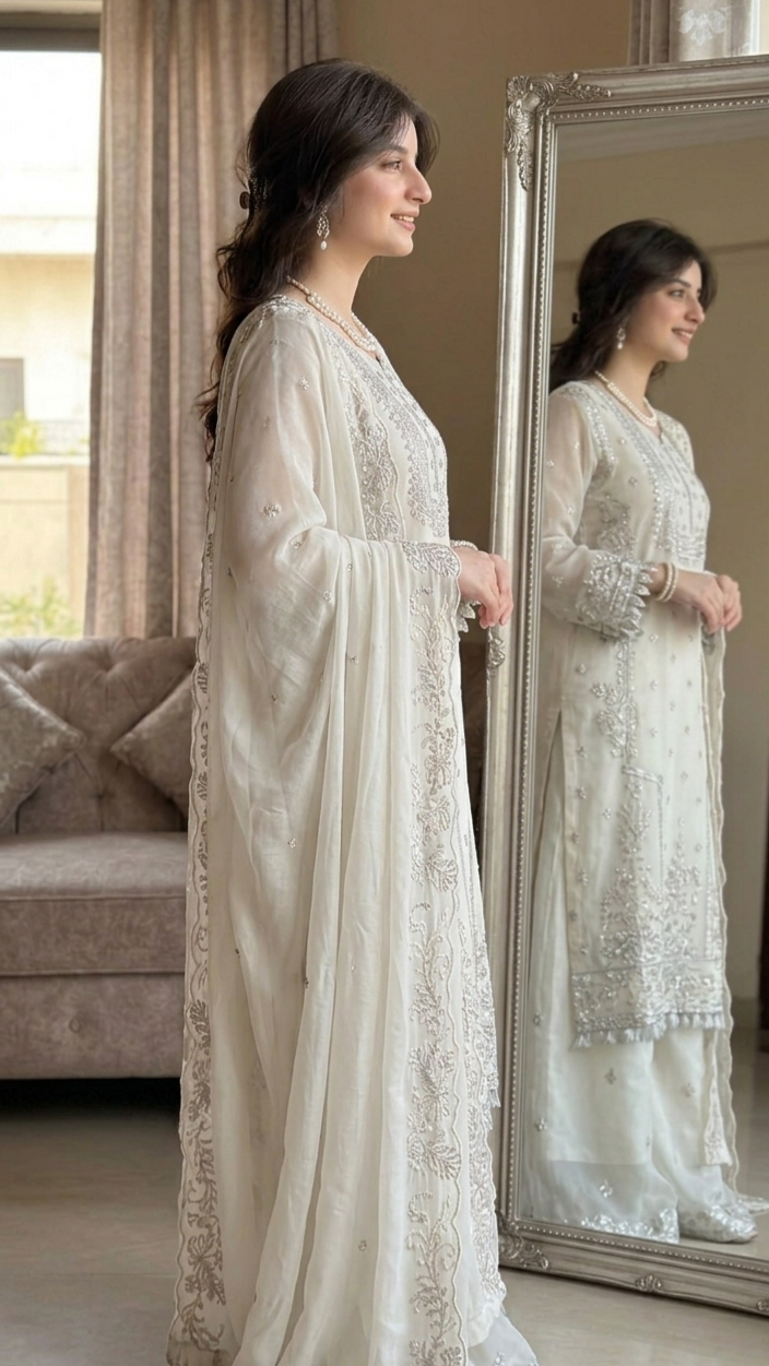 Ivory Luxe Hand-Embroidered Pakistani Suit Set with Embellished Dupatta