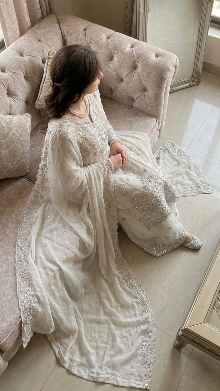 Ivory Luxe Hand-Embroidered Pakistani Suit Set with Embellished Dupatta