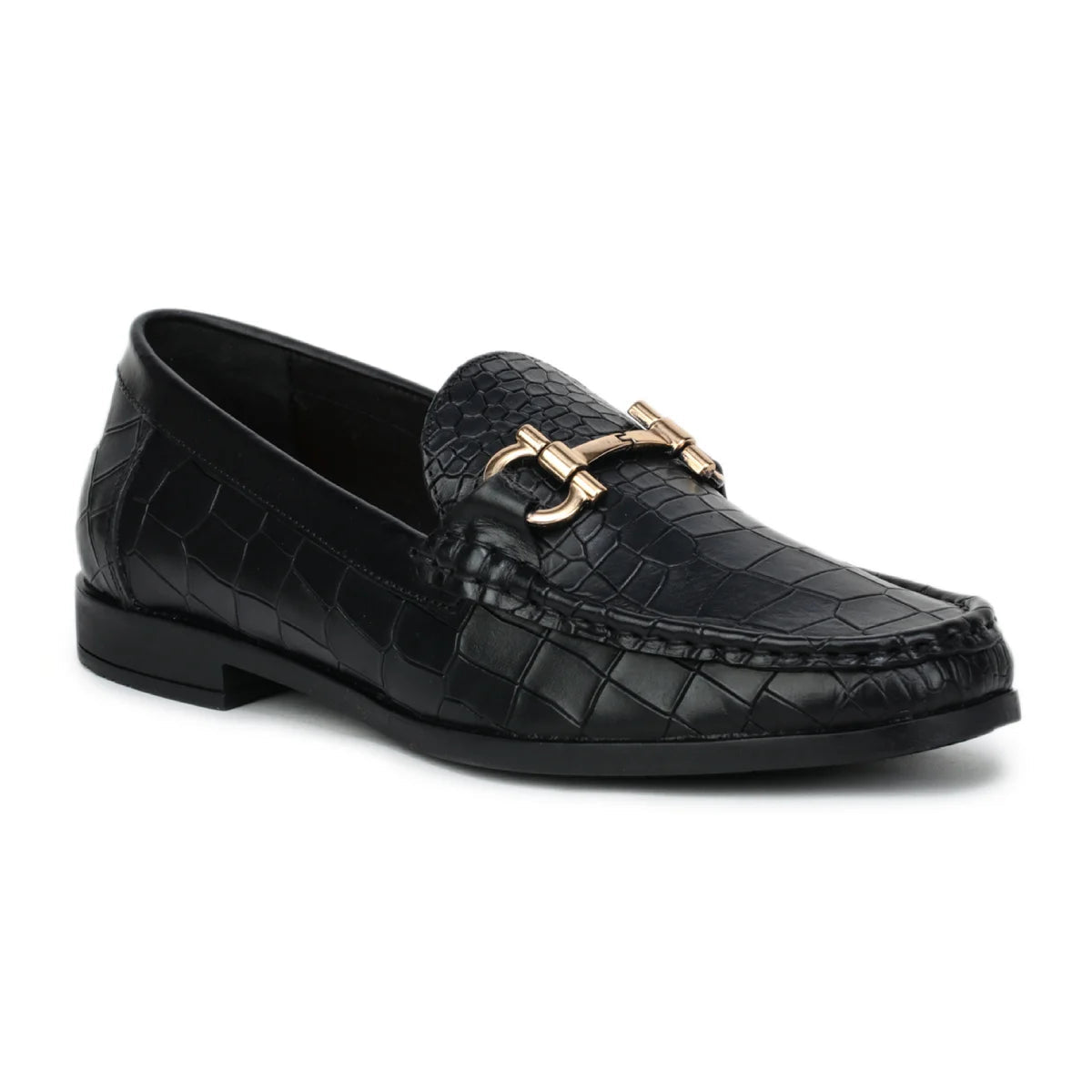 Royal Noir Croc-Textured Horsebit Loafers