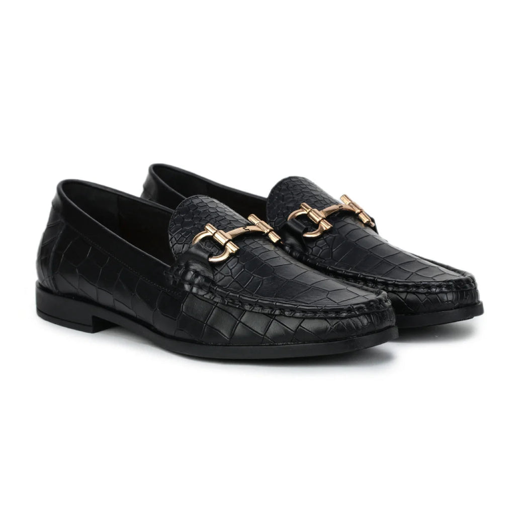Royal Noir Croc-Textured Horsebit Loafers