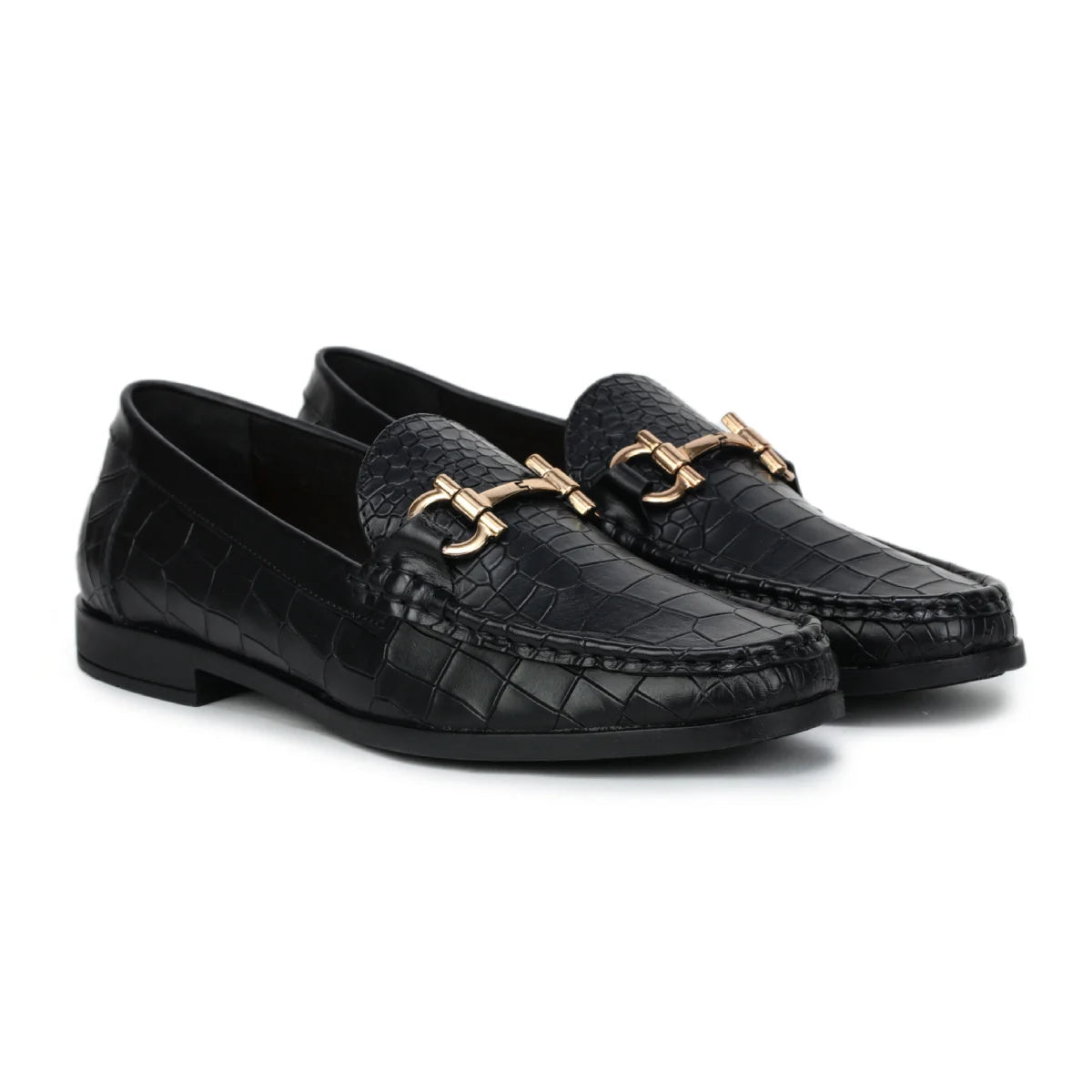 Royal Noir Croc-Textured Horsebit Loafers