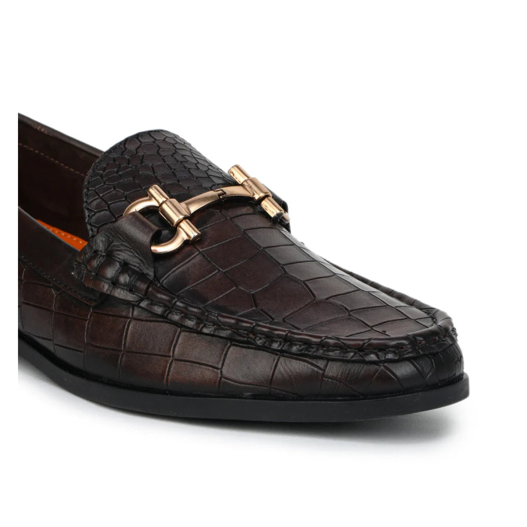 Royal Noir Croc-Textured Horsebit Loafers