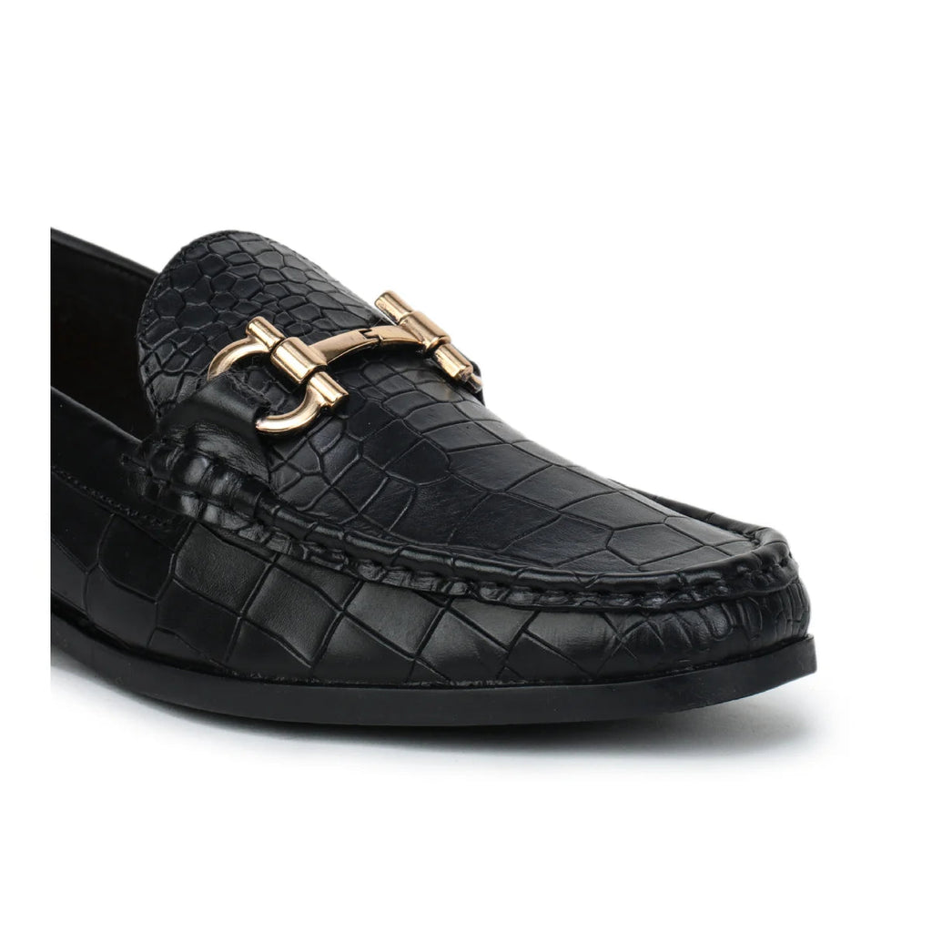 Royal Noir Croc-Textured Horsebit Loafers