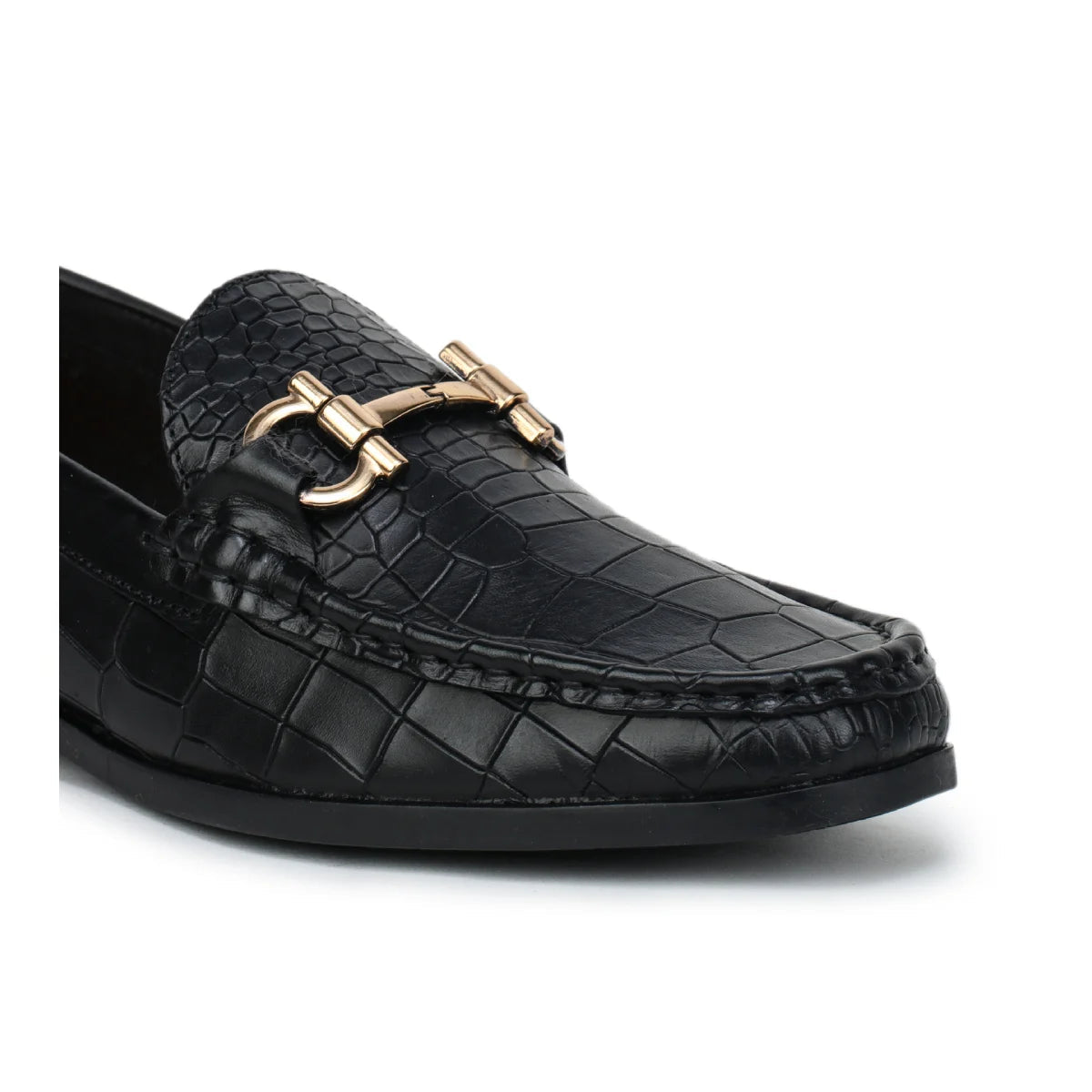 Royal Noir Croc-Textured Horsebit Loafers