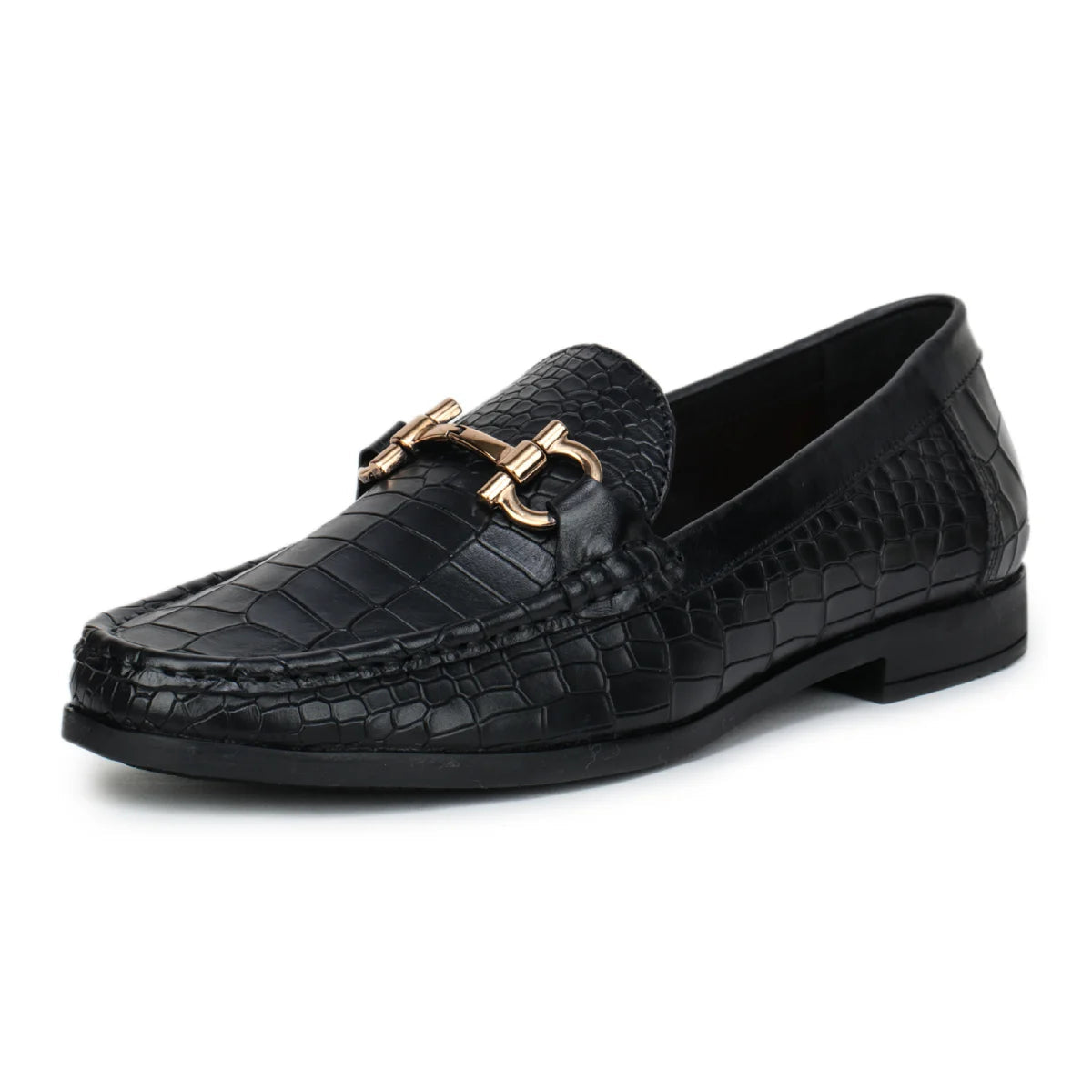 Royal Noir Croc-Textured Horsebit Loafers