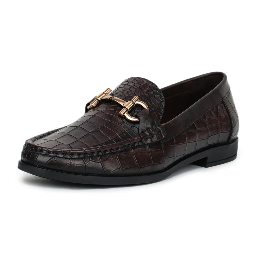 Royal Noir Croc-Textured Horsebit Loafers