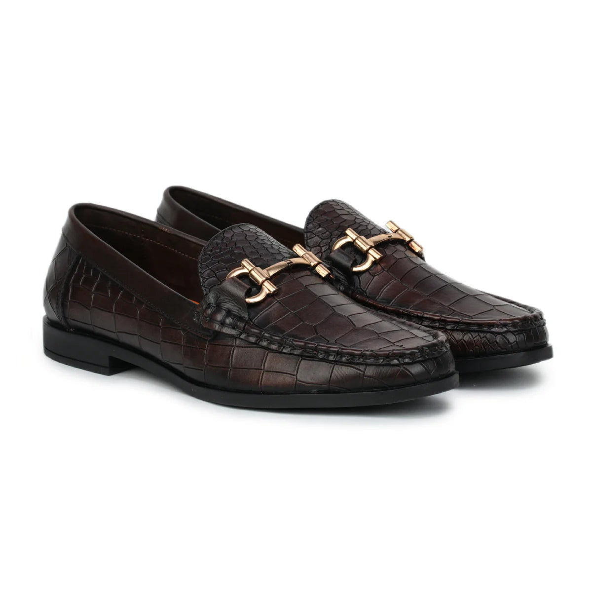 Royal Noir Croc-Textured Horsebit Loafers
