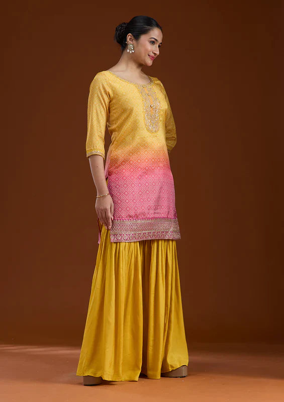Yellow Sequins Soft Raw Silk Readymade Sharara Suit