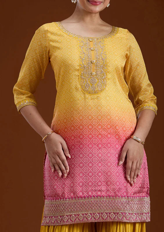 Yellow Sequins Soft Raw Silk Readymade Sharara Suit