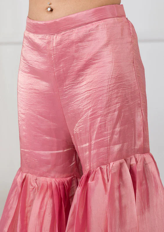 Pink Threadwork Semi Crepe Readymade Sharara Suit