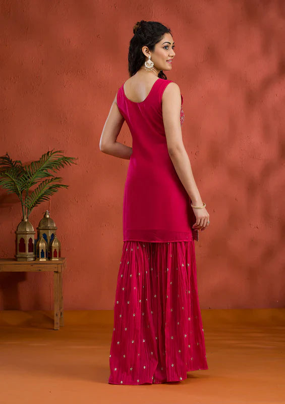 Rani Pink Silver Zariwork Georgette Readymade Sharara Suit