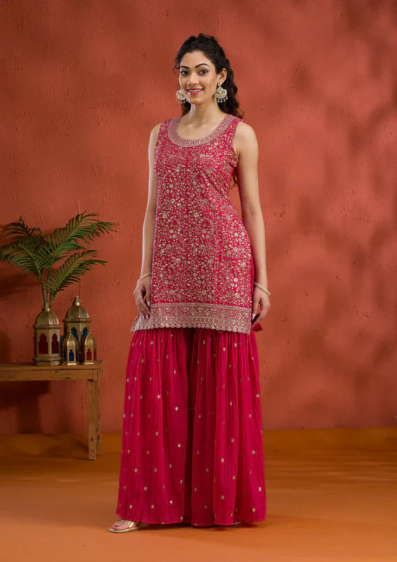 Rani Pink Silver Zariwork Georgette Readymade Sharara Suit