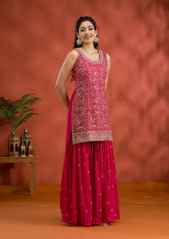 Rani Pink Silver Zariwork Georgette Readymade Sharara Suit