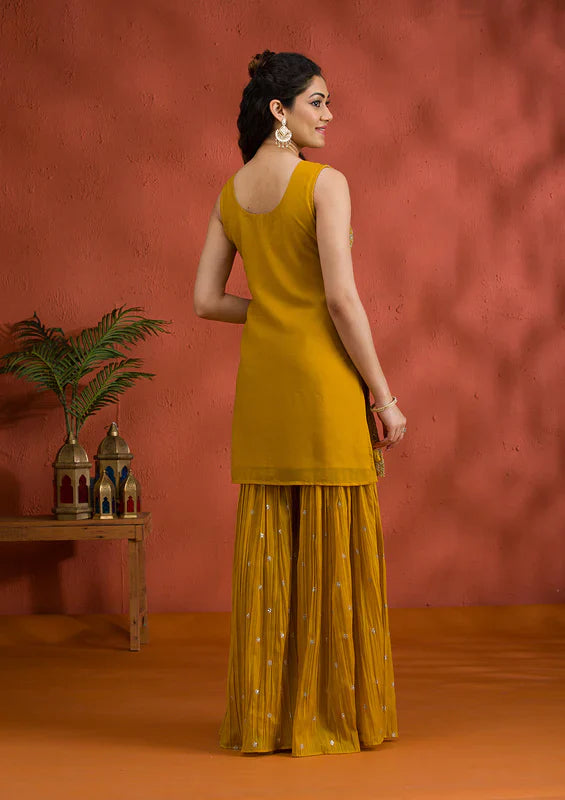 Yellow Silver Zariwork Georgette Readymade Sharara Suit