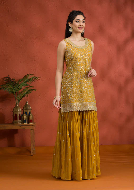 Yellow Silver Zariwork Georgette Readymade Sharara Suit