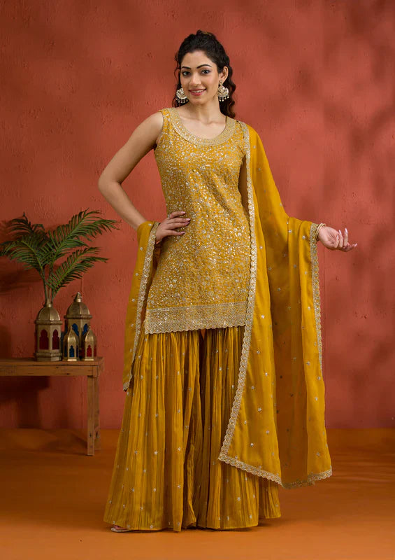 Yellow Silver Zariwork Georgette Readymade Sharara Suit