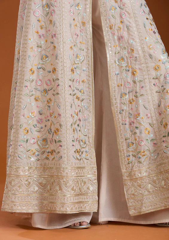 Beige Threadwork Georgette Readymade Salwar Suit