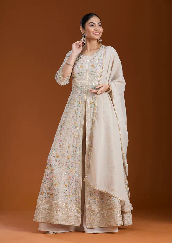 Beige Threadwork Georgette Readymade Salwar Suit