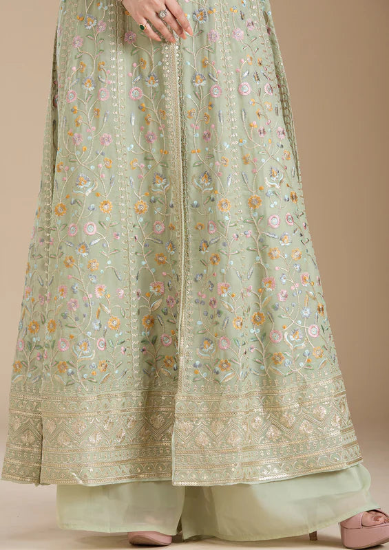Sea Green Threadwork Georgette Readymade Salwar Suit
