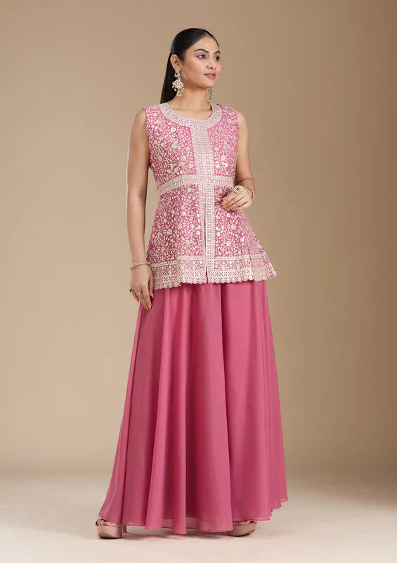 Pink Zariwork (Gold) Georgette Readymade Salwar Suit