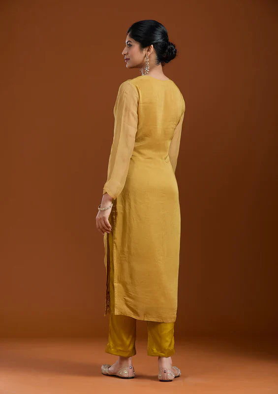 Mustard Yellow Zardozi (Gold) Organza Readymade Salwar Suit