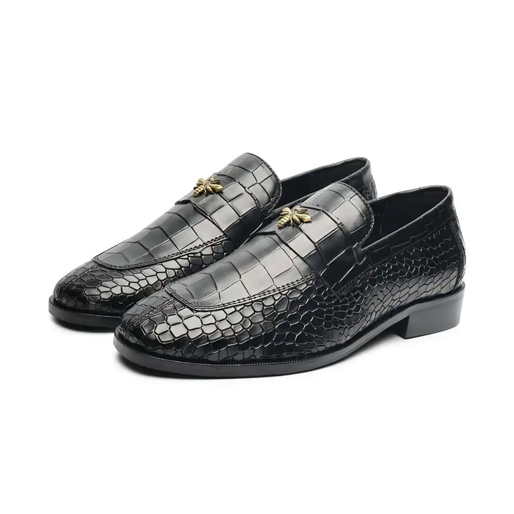 RoyalSole Men Textured Tunit Black Loafer Wooden Sole