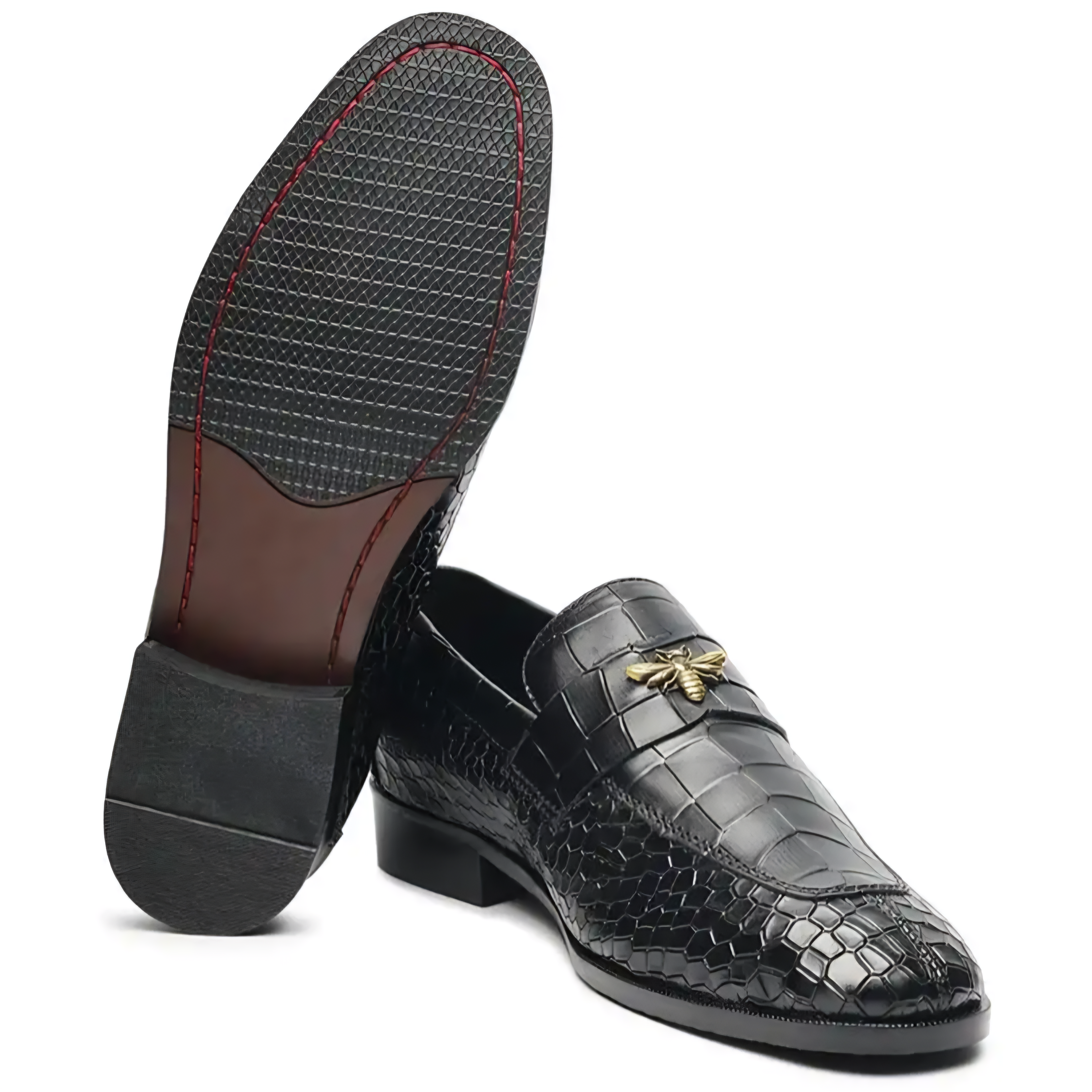 RoyalSole Men Textured Tunit Black Loafer Wooden Sole