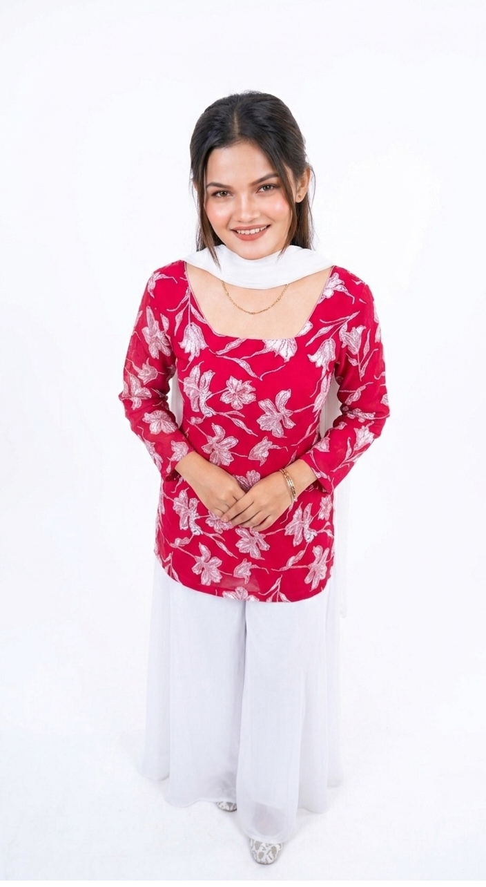Elegant Red Floral Printed Kurti with White Sharara & Dupatta Set