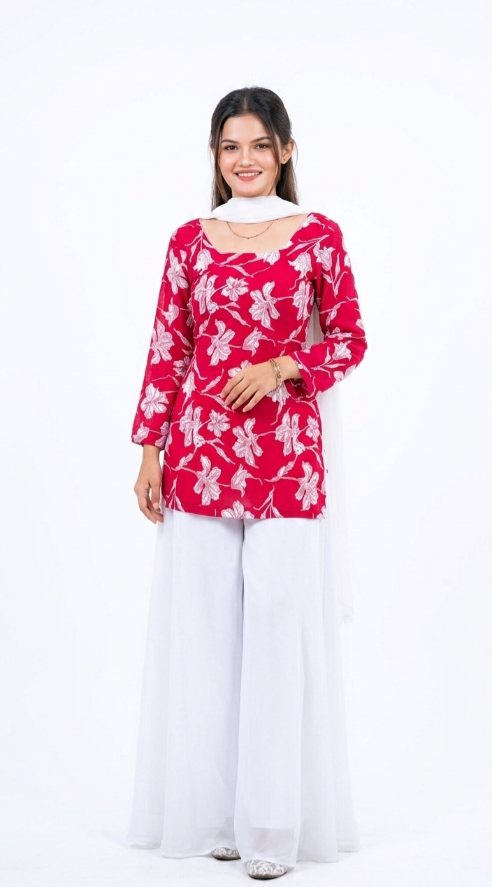 Elegant Red Floral Printed Kurti with White Sharara & Dupatta Set