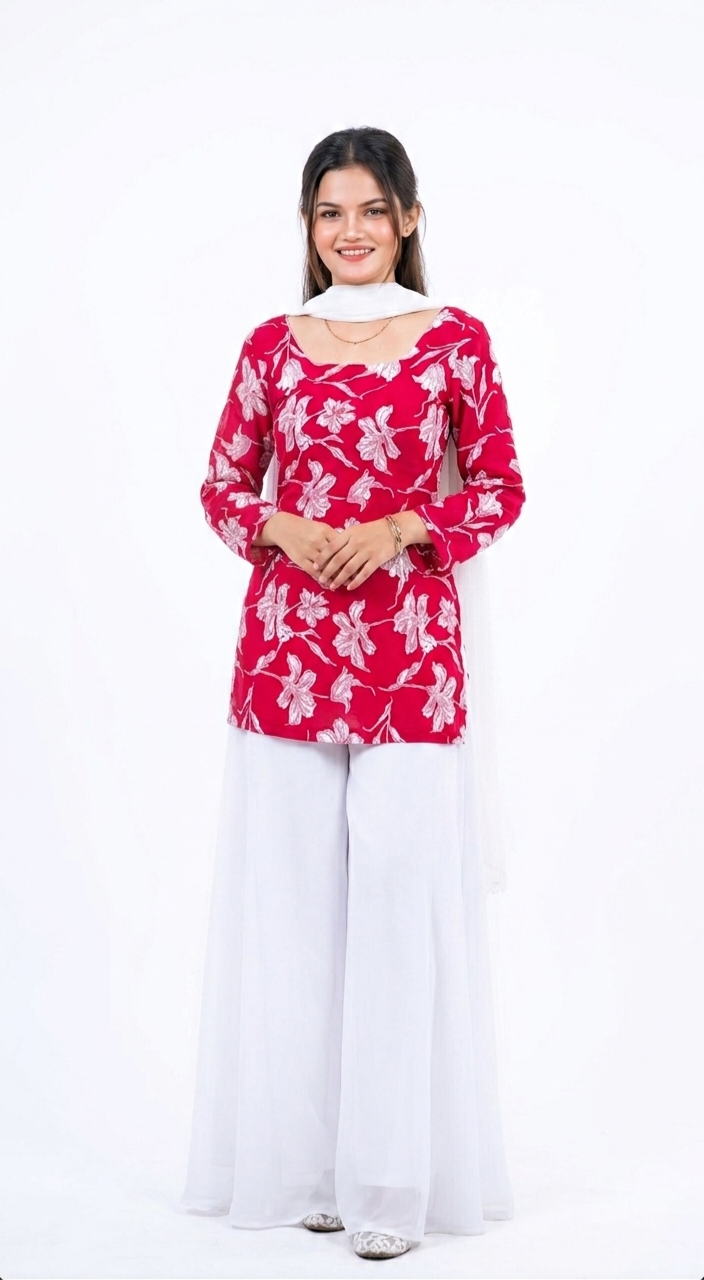 Elegant Red Floral Printed Kurti with White Sharara & Dupatta Set