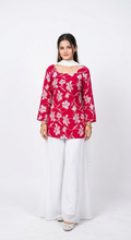 Elegant Red Floral Printed Kurti with White Sharara & Dupatta Set