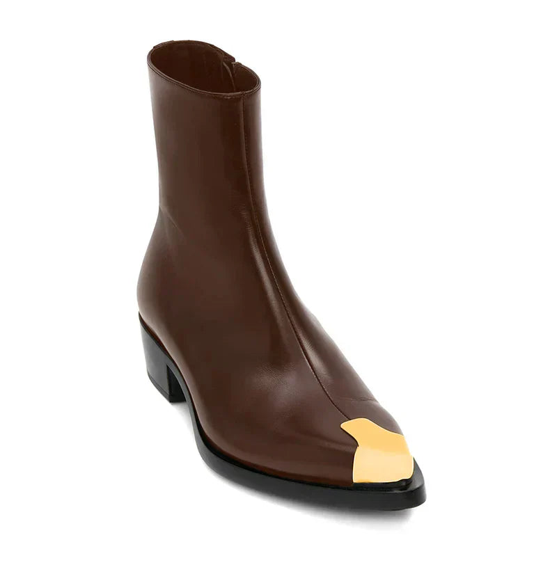 Brown Leather Gold Toe Accent Ankle Boot