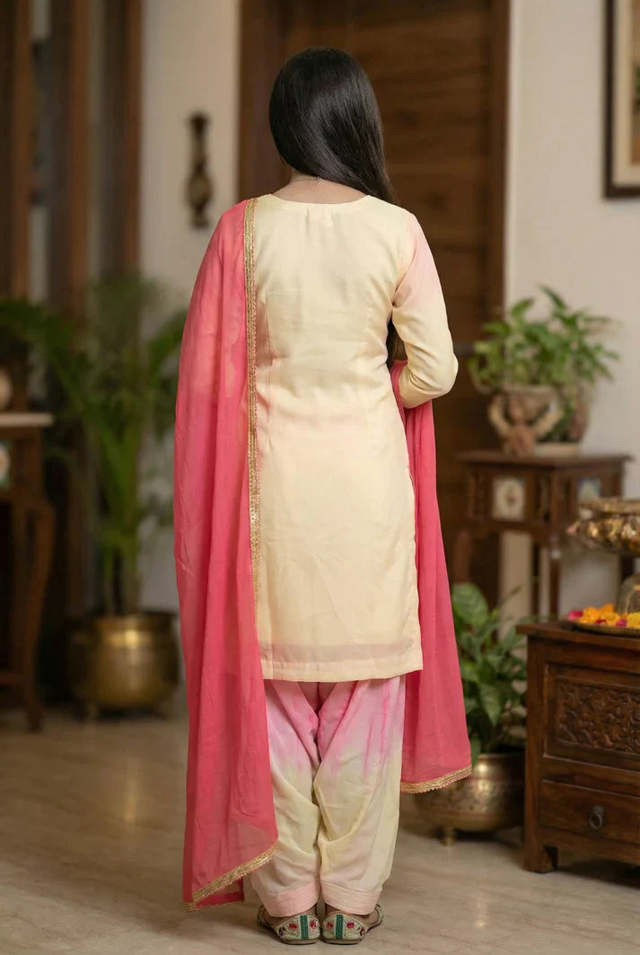 Pink Tie-Dye Punjabi Suit Set with Floral Embroidery | 3 Piece Salwar Suit with Dupatta | Women Ethnic Wear