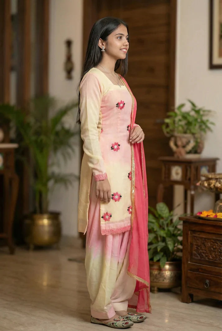 Pink Tie-Dye Punjabi Suit Set with Floral Embroidery | 3 Piece Salwar Suit with Dupatta | Women Ethnic Wear