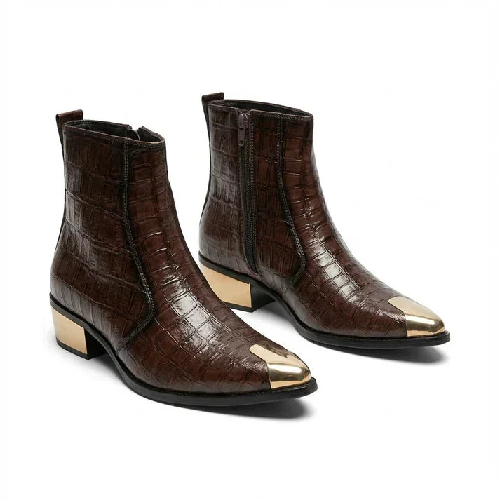 Textured Leather Chelsea Boots with Gold Toe & Heel