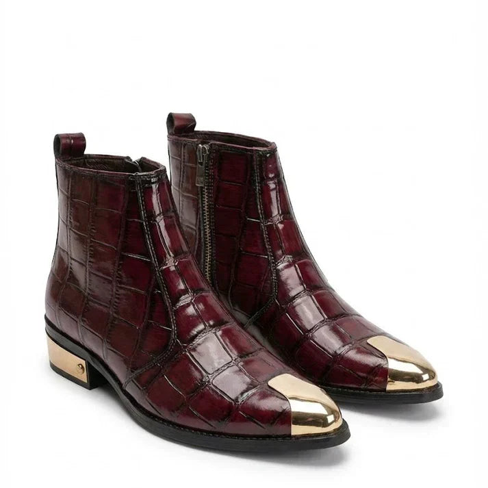 Textured Patent LeaAther Chelsea Boots with Gold Toe & Heel