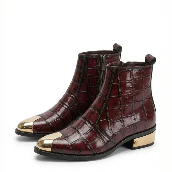 Textured Patent LeaAther Chelsea Boots with Gold Toe & Heel
